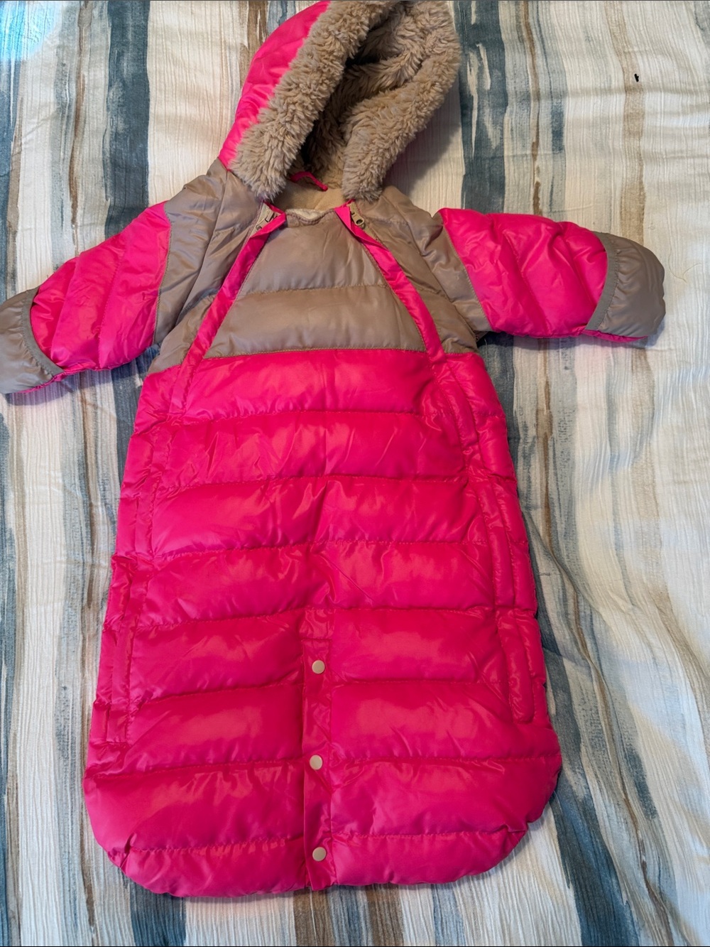 Fuchsia Puffer Sleep Sack with Taupe Accents - Cozy Hooded Baby Bunting